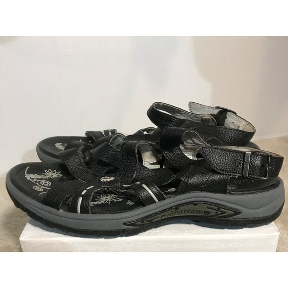 Golfstream Womens  Black Leather Strappy Sandals Size 9M With Floral Sole Design - Picture 5 of 14